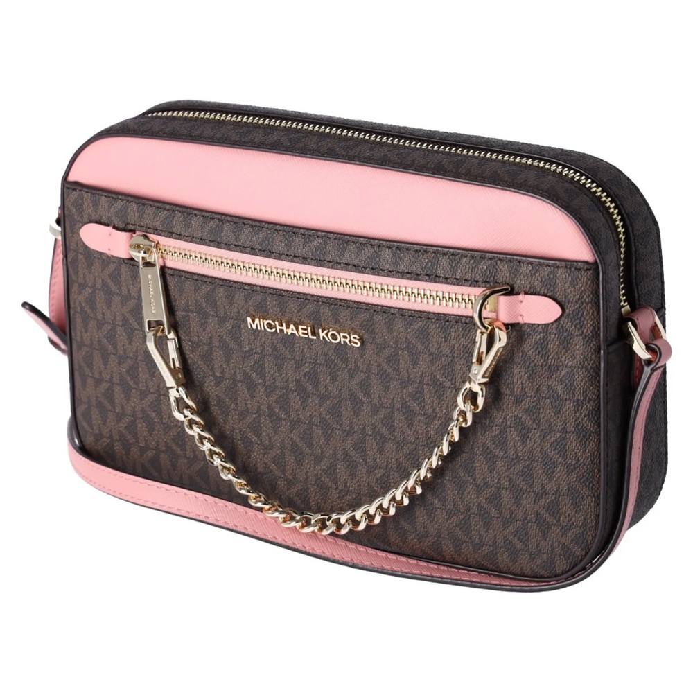 Michael Kors Jet Set Large East West Chain Crossbody Brown MK Primrose Pink - Picture 2 of 9